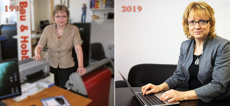 Kerstin Brückner im Jahr 1998, beim Start ihres Business und im Jahr 2019